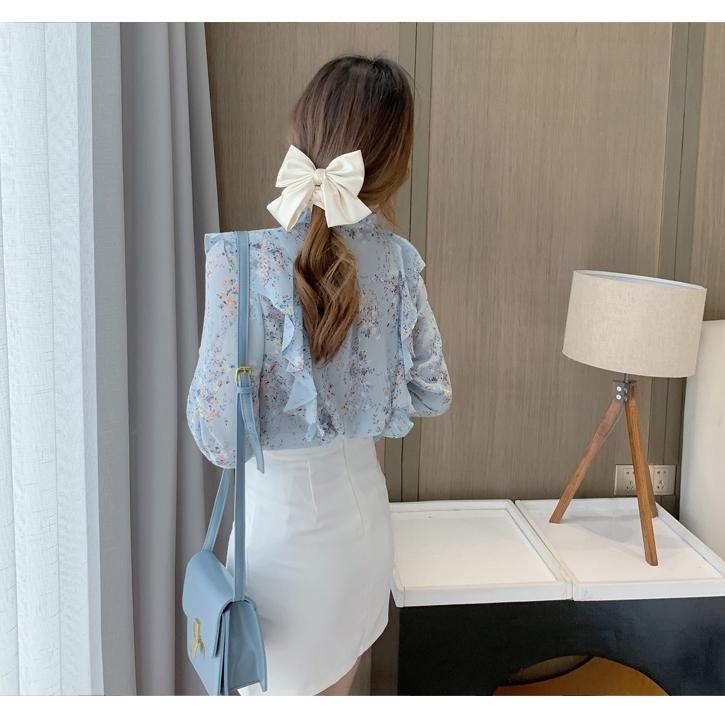 Spring Fashion Bow Chiffon Shirt Blouse Women's Ruffled Flowers Versatile Long Sleeve Top