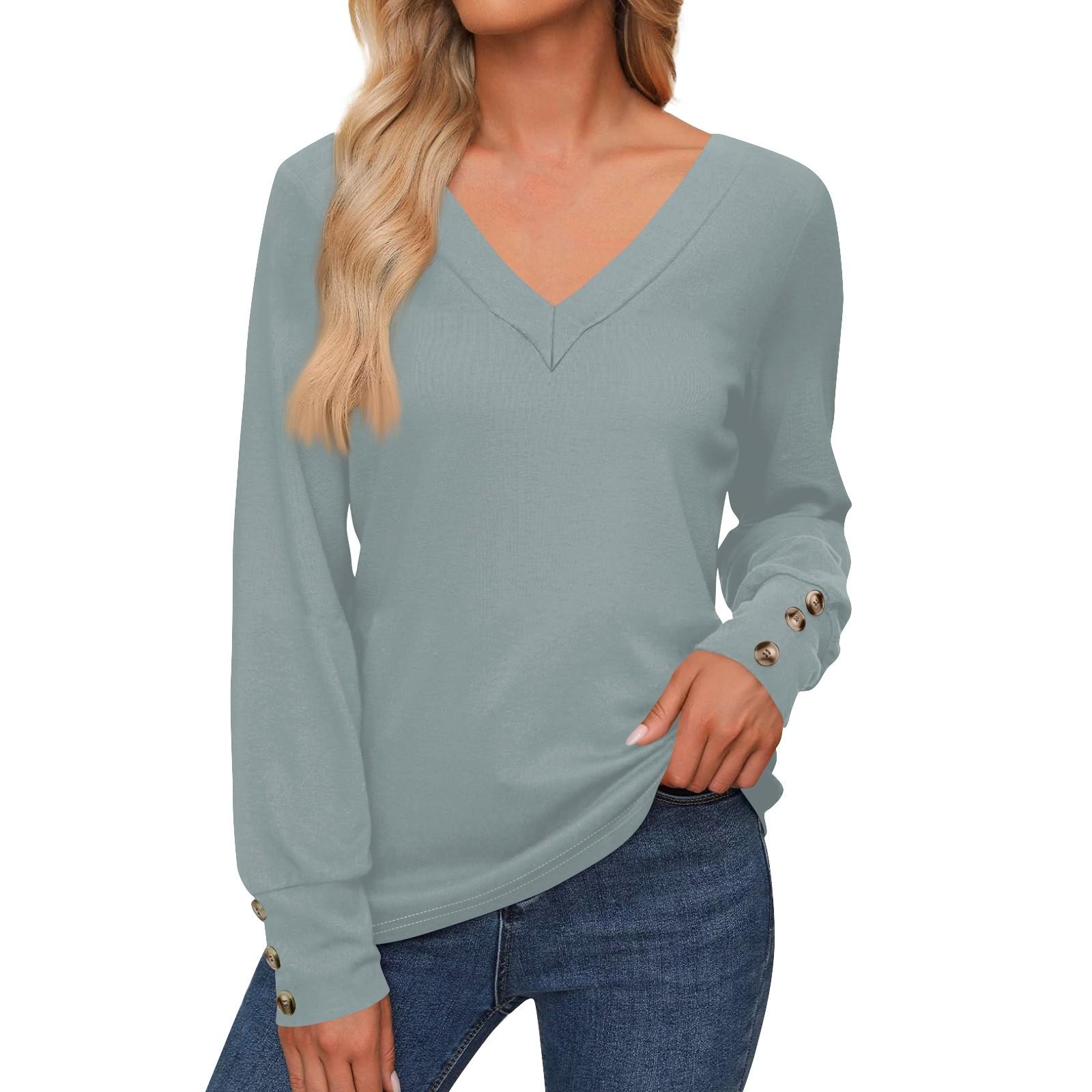 

Женские топы с длинными рукавами, манжетами, застегивающимися на пуговицы, рубашка с V-образным вырезом, свободная повседневная футболка, осенняя одежда XL