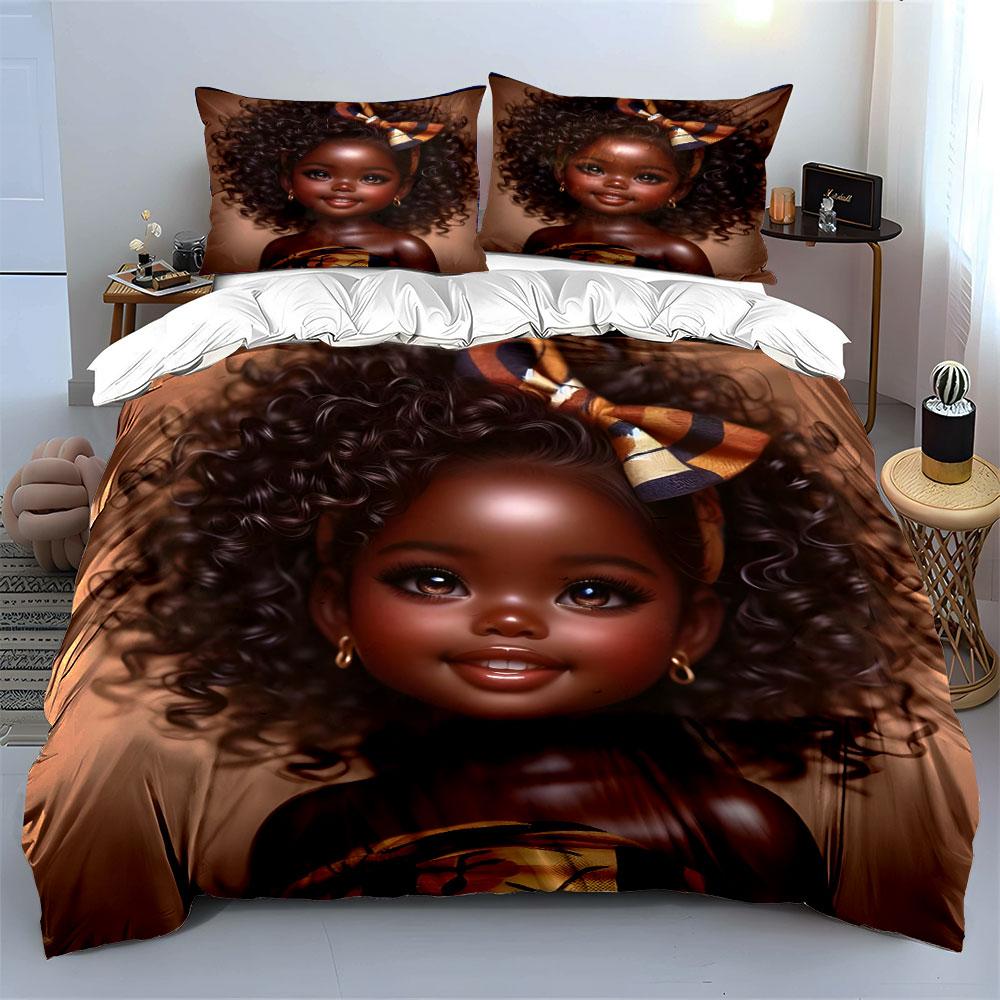 Curly Black Girl Portrait Duvet Cover Set African Art Warm Tone Bedding with 1 Duvet Cover 2 Pillowcases Single Double Gift