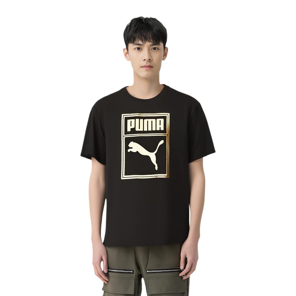Puma Camiseta Casual Esportiva de Manga Curta Respirável com Logo Grande Etiqueta Dourada Unissex Tops Preto 689271-01