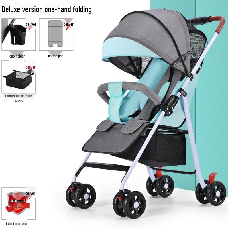 Lightweight Foldable Baby Stroller, Four-Wheeled, Convertible for Sitting or Lying, One-Button Fold Portable Design