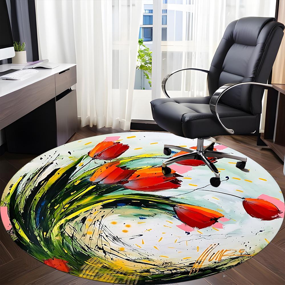 1PC Floral Abstract Office Round Area Rug, Mat Suitable For Office, Under Office Chairs Bedroom Living Room Home Decor, Room Deco
