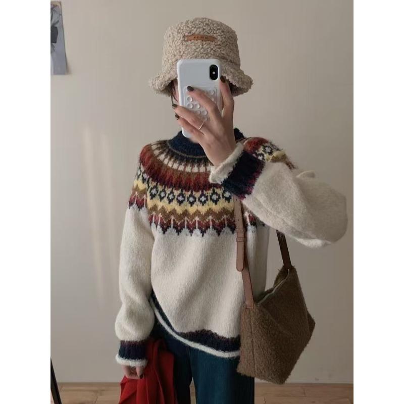 Vintage Heavy Industry Fair Island Christmas Knitted Pullover Women's Autumn and Winter Loose Lazy Wind Soft Waxy Knitted Sweater Top
