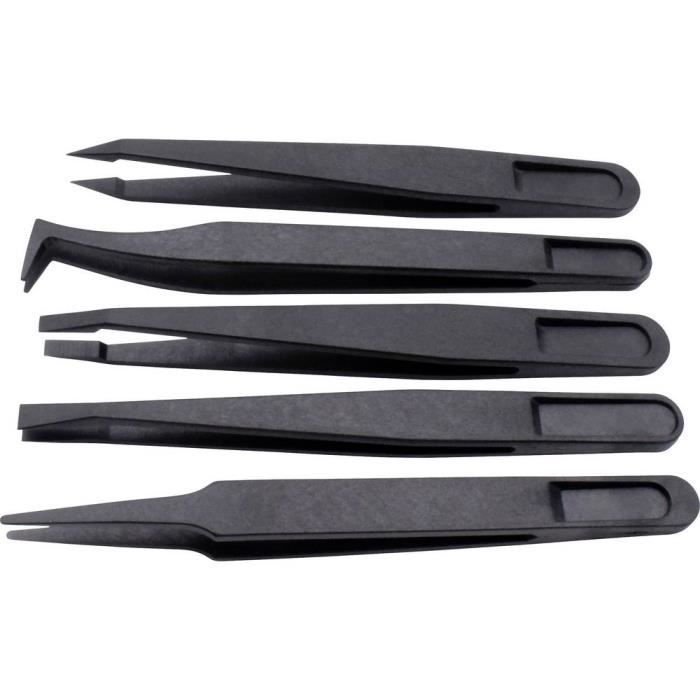 Pince brucelle ESD Quadrios 1903EC095 antistatique (ESD) 5 pièces plate, large, plate, courbée, arrondie