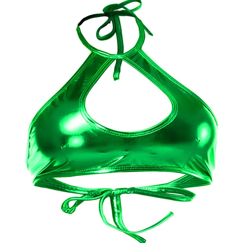 Shiny Metallic Rave Tops for Women Sexy Wet Look Leather Bra Halter Strap Outfit Crop Tops