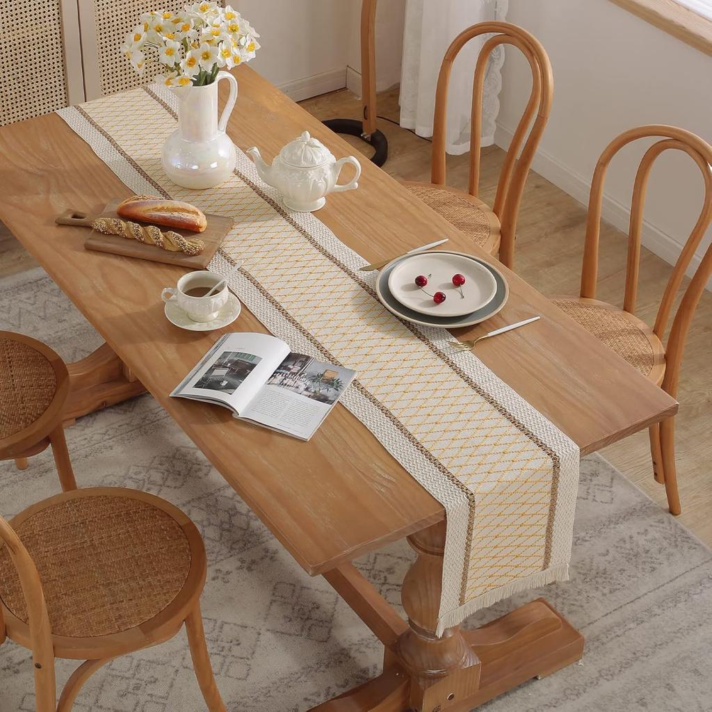 Böhmische Rustikale Hochzeitsdeko Baumwolle Leinen Tischläufer mit Quasten