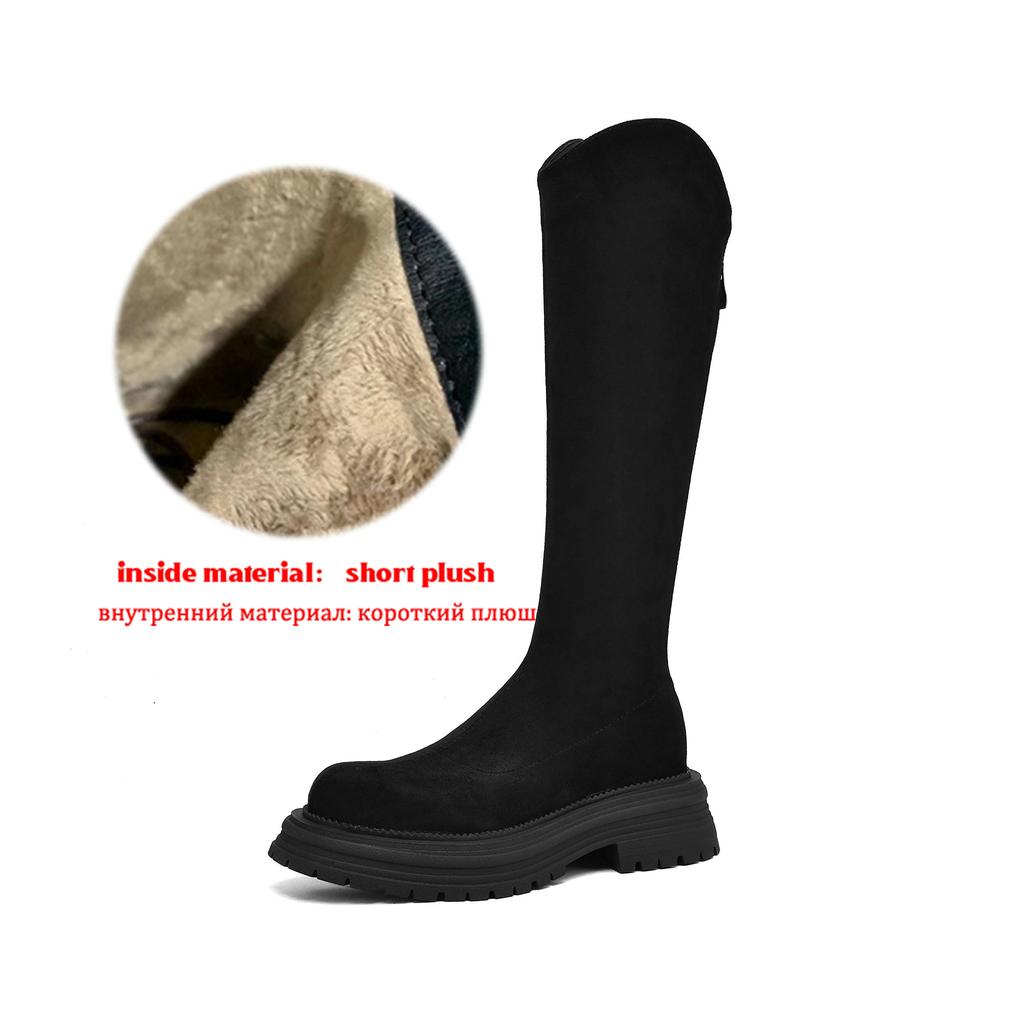 Krazing Pot Flock Autumn Winter Shoes Thick Med Heels Flat Platform Size 43 Modern Boots Stretch Knee Boots