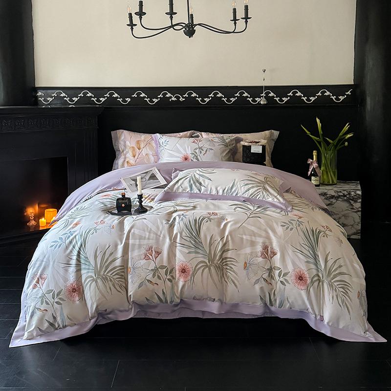 100-Piece Light Luxury Long-Staple Cotton Reactive Print 4-Piece Bedding Set with Wide-Edge Bed Sheet & Duvet Cover