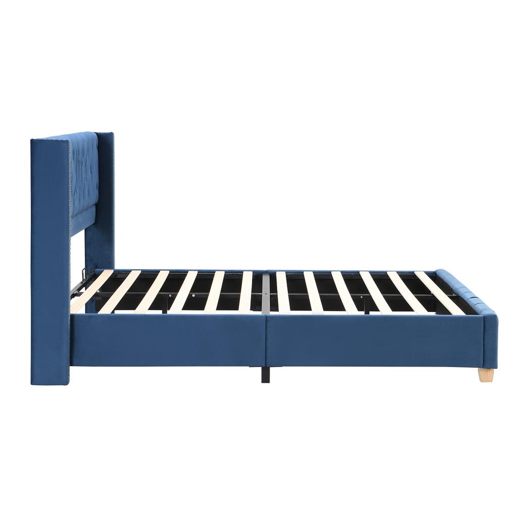 Upholstered Bed 160*200cm with Slatted Frame and Headboard, Button Tufting, Rivet Upholstery, Wooden Legs, Velvet, Blue