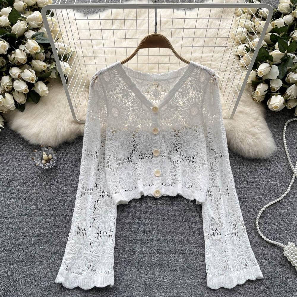 

Летний солнцезащитный крем, элегантные кардиганы с цветочным принтом, женские кардиганы с v-образным вырезом и длинными рукавами, винтажный свободный вязаный топ, модная повседневная блузка для пляжного отдыха One Size белый