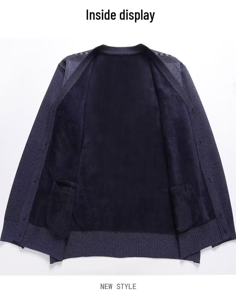 Men's V-Neck Knit Cardigan Sweater: Autumn-Winter Plus Velvet, Thickened, Loose Fit for Middle-aged & Elderly