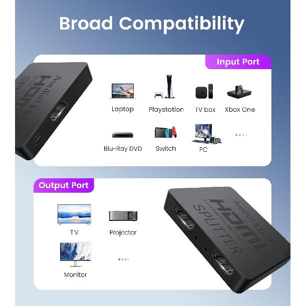 avedio links HDMI Splitter 4K@60Hz, HDMI Splitter 1 in 2 Out, HDMI Splitter for 2 Same Screen Only Mirror Screens, Support 3D Dol-by Vision Atmos