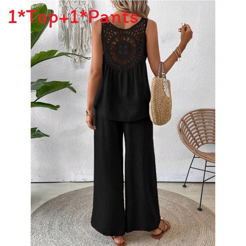 Bohemian Style Sleeveless Top And Wide Leg Pants Set With Polyester Fabric For Casual Summer Wear