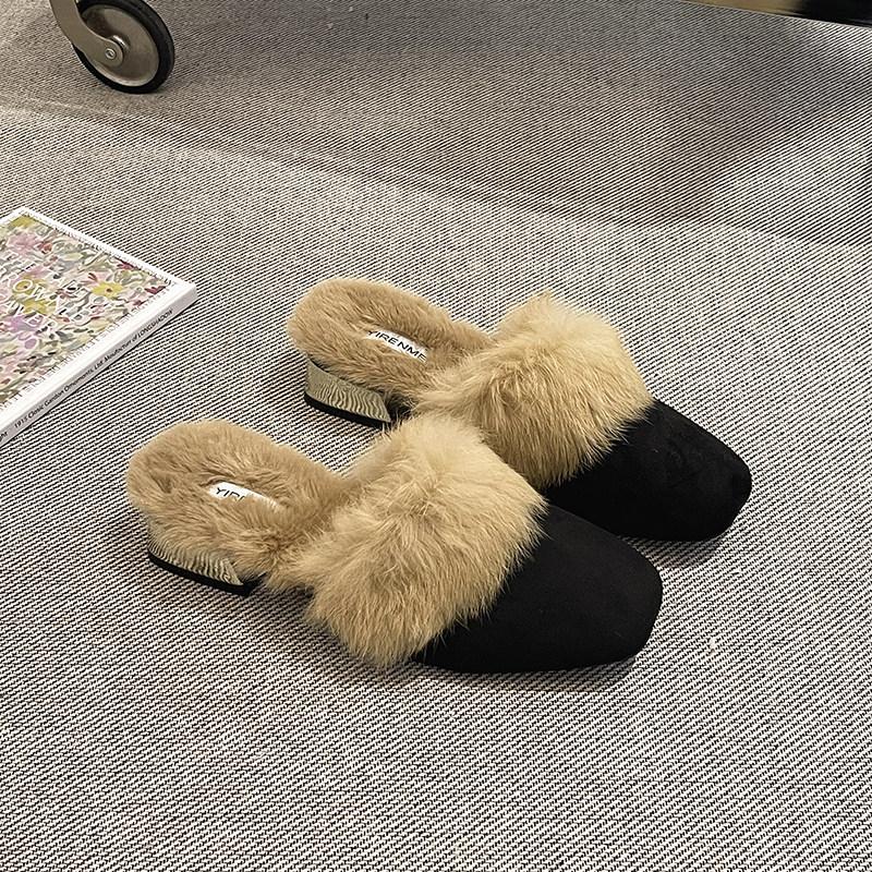 New Spring Faux Fur Women Mules Slippers Fashion Leopard Cover Toe Slide Ladies Elegant Low Heel Dress Slip On Shoes
