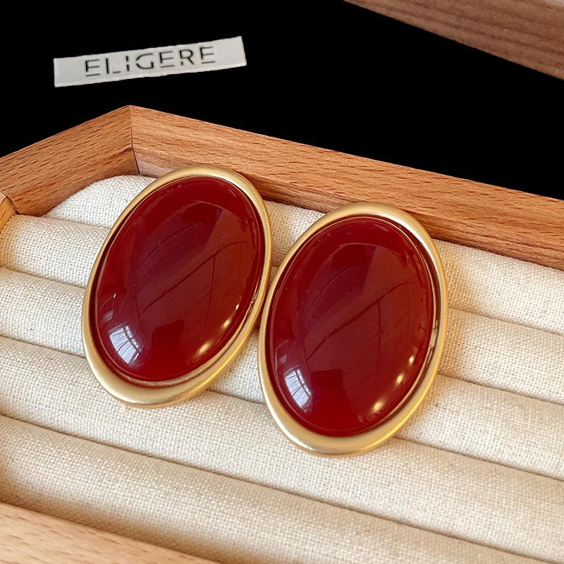 

Vintage medieval silver needle oval exaggerated stud earrings court style ankela red earrings autumn and winter retro earrings women