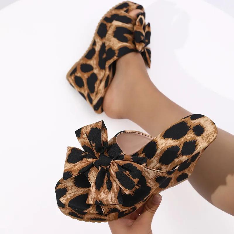 Summer New Slippers Women Fashion Round Head Cloth Leopard Print Butterfly Knot Thick Soles Anti-slip Wear-resistant High Heels