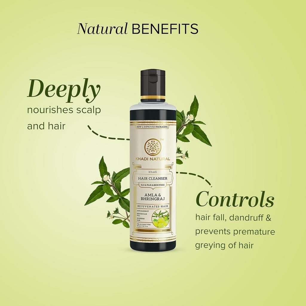 KHADI NATURAL Amla & Bhringraj Hair Cleanser Shampoo 210ml Pack For All Hair Types, Dandruff Control, Hair Fall Reduction