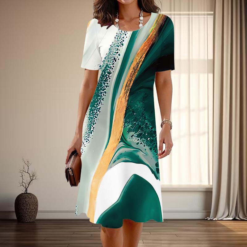 

Женская мода изящный мраморный узор с принтом лето весна короткий рукав О-образный вырез повседневные платья 2XL зелёный