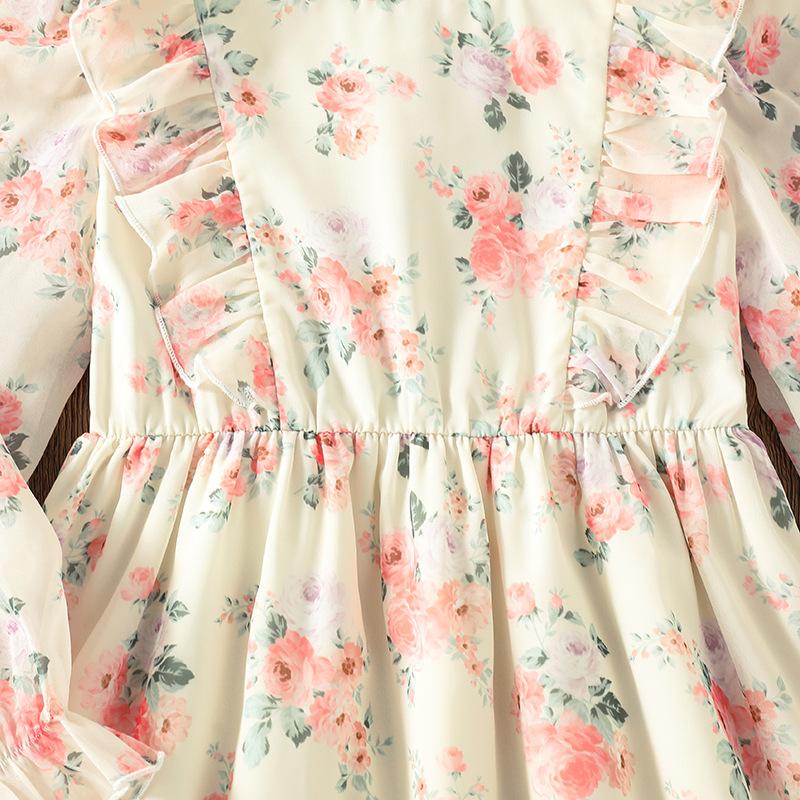 Dívčí šaty Dětské oblečení Podzim a zima Nový styl Květinový potisk Dlouhý rukáv Dívka 8-12Y Princeznovské šaty