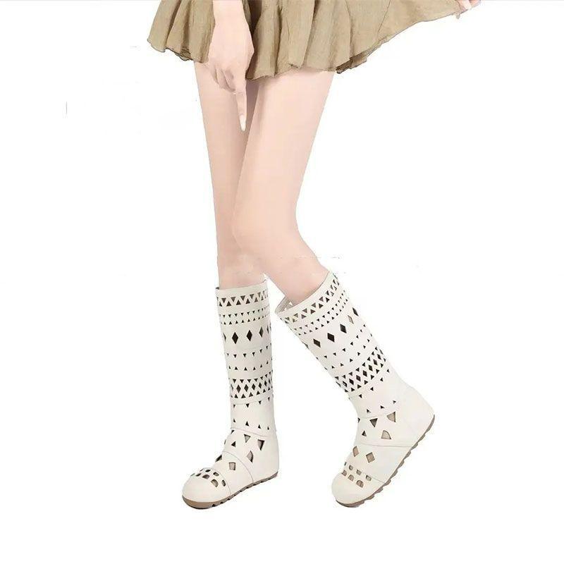 

Нишевые полые ковбойские сапоги женские летние ретро повседневные рыцарские сапоги тонкие плоские сапоги 40