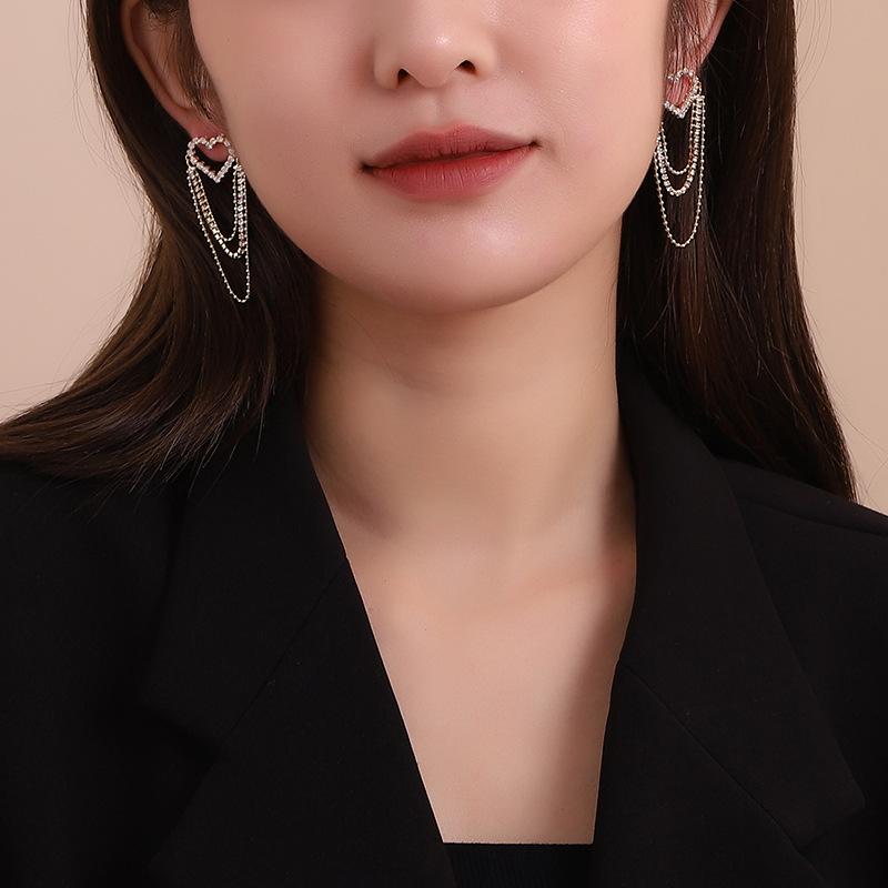 Love Tassel Multi-layer Chain Earrings Korean Heart-shaped Rhinestone Earrings Party Jewelry Gifts