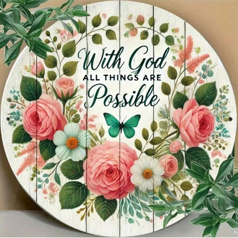 Round Metal Wall Art Pink Flower Butterfly Home Porch Decor Gift