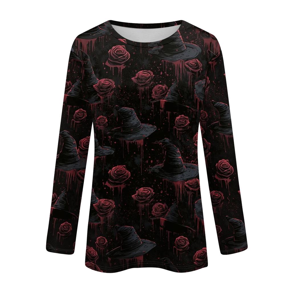 Women's Halloween Printed Neck Long Sleeve Pullover Top