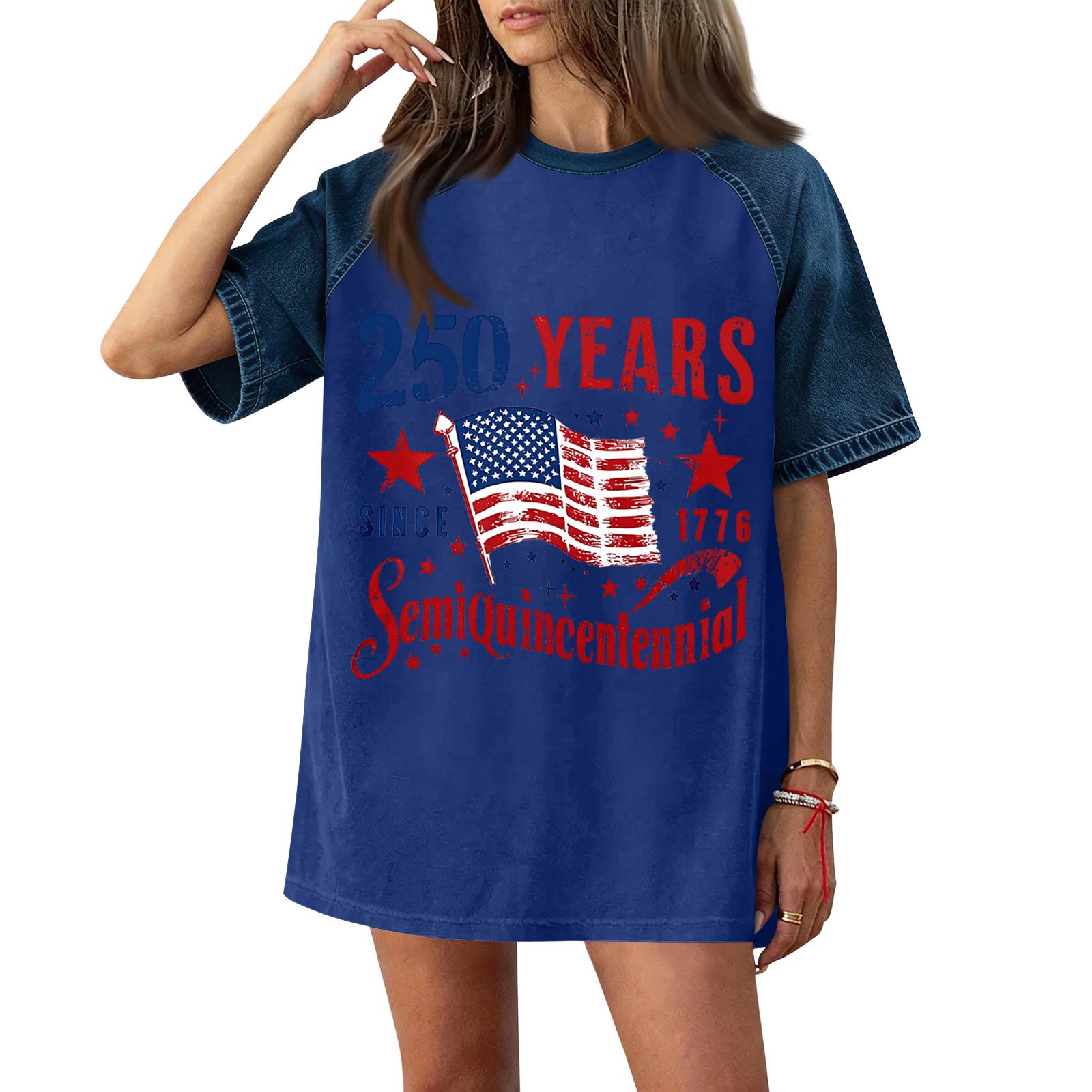 

Women’s Casual Short Sleeve T-Shirt with 250th Anniversary Independence Day Printed Design Denim Patchwork Top Comfortable Fit S синий