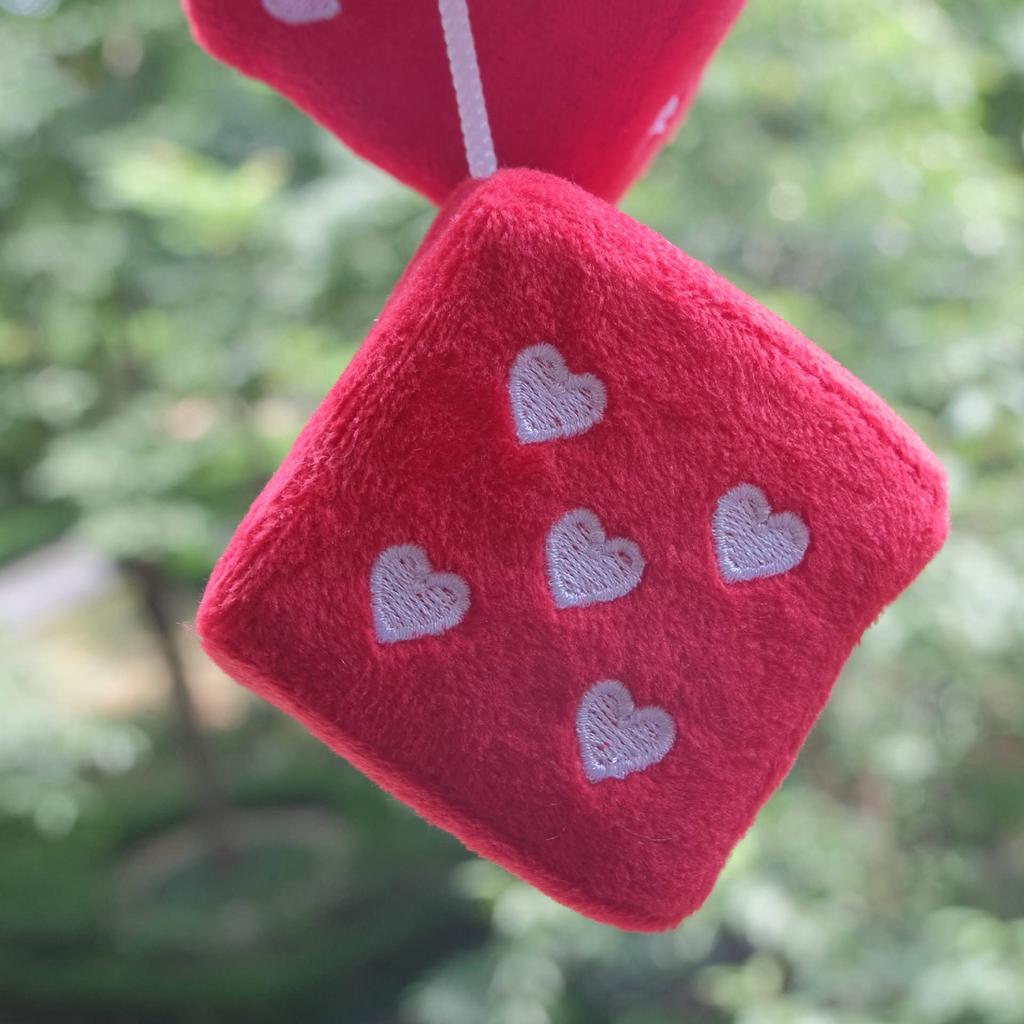 1 Pair 3" Fuzzy Plush Dice Heart Shape Decorative Car Rearview Mirror Retro Square
