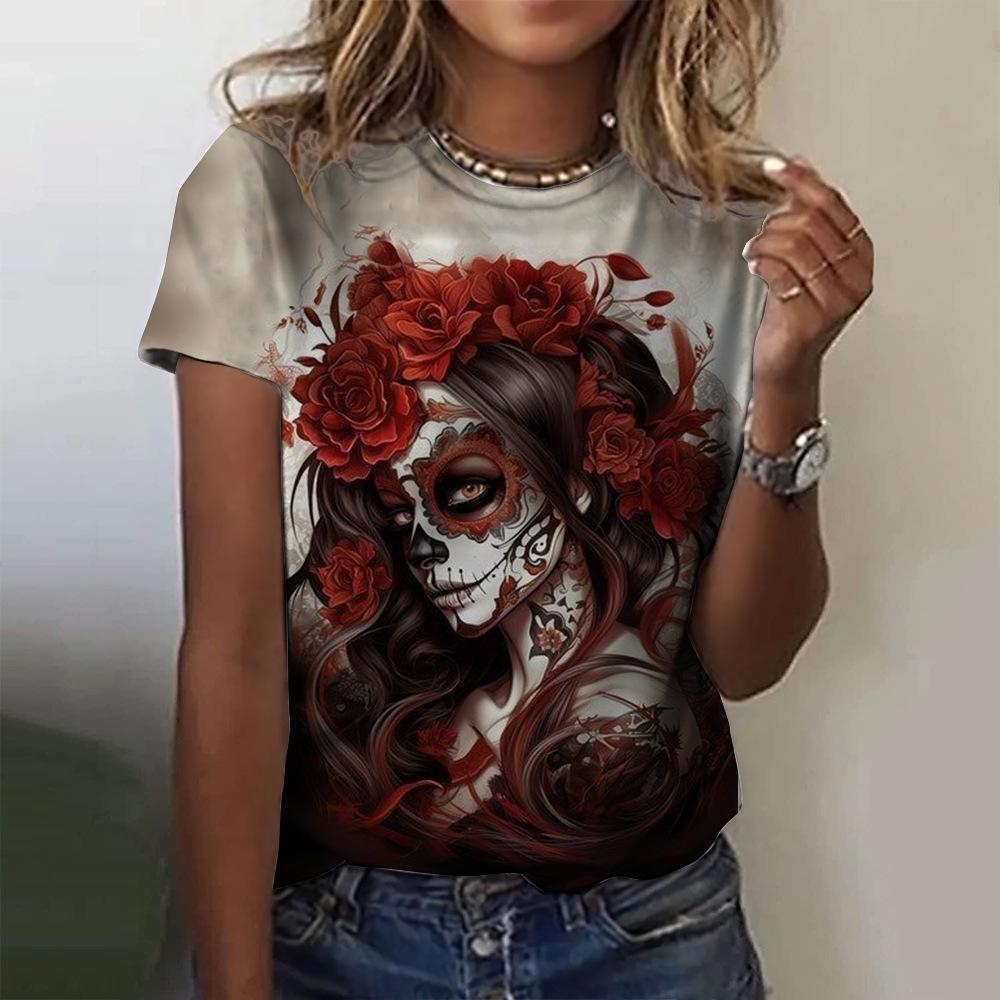 Summer Round Neck 3D Skull Print Top Fashionable Casual Short Sleeved Women's T-shirts