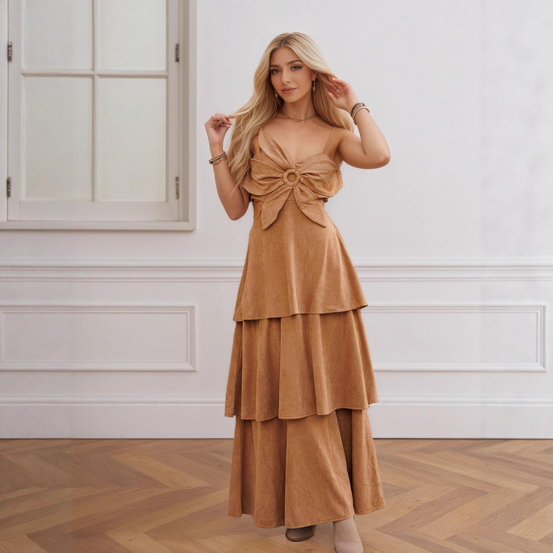 European and American French temperament retro fashion suspender hollow waist thin long suede dress S