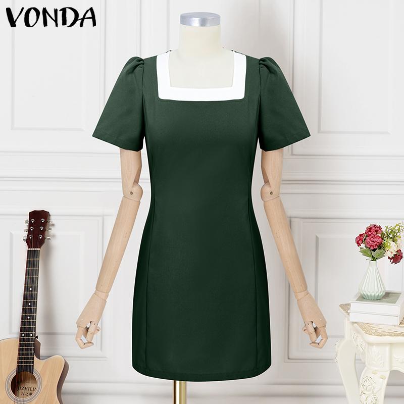 VONDA Women Square Collar Short Sleeve Stitching Pocket Casual Thigh Length Dress