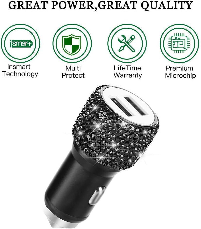 Dual USB Car Charger Bling Bling Handmade Rhinestones Crystal Car Decorations for Fast Charging Car Decors for iPhone/Samsung