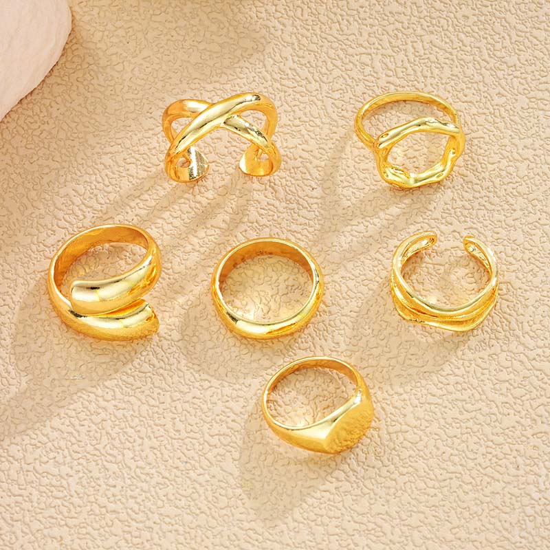 6Pcs/set Gold Color Geometric Chunky Open Rings Set for Women Exaggerated Metal Smooth Adjustable Finger Ring Jewelry Gifts New