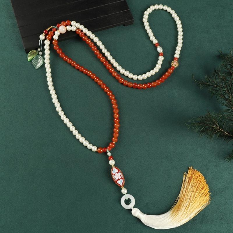 Women's Fashion Long Layering Beaded Fringe Necklace with Glass Stone Accents for Comfortable and Stylish Wear in Various Occasions