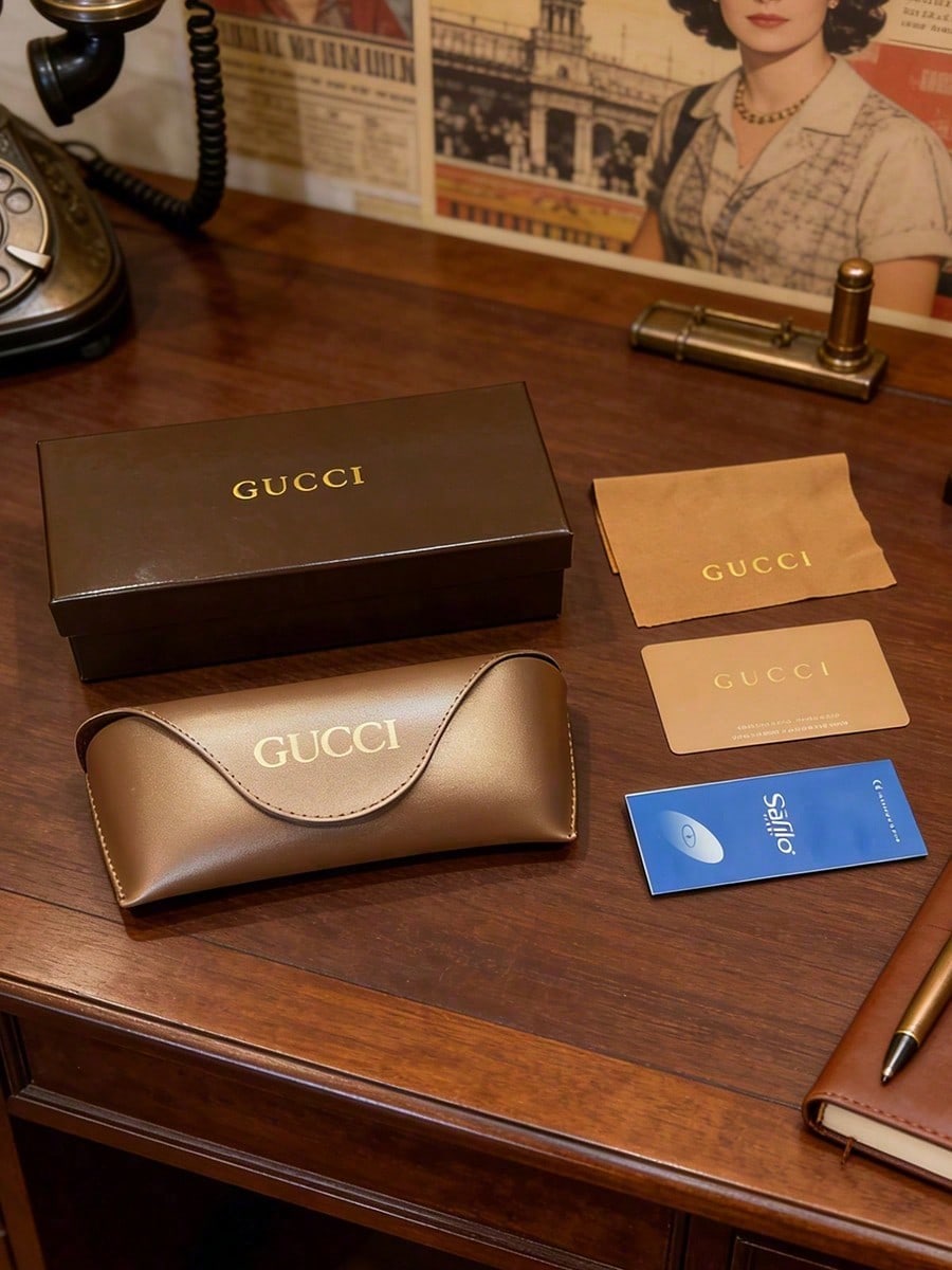 Gucci brown leather hard-case sunglasses case with gold logo коричневый