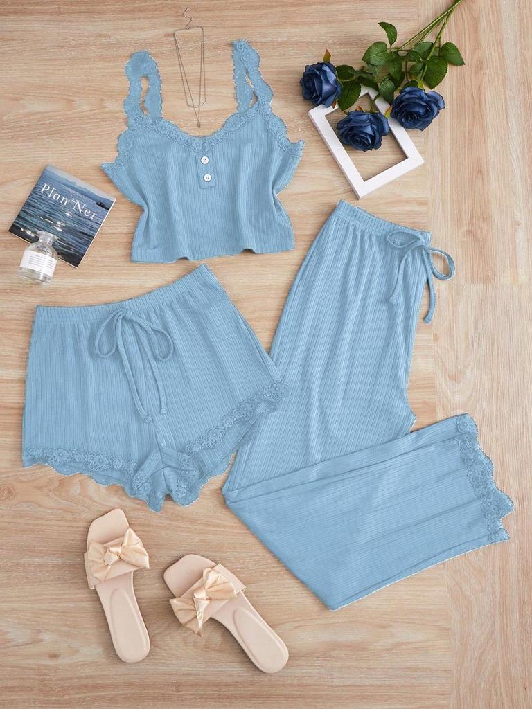 Beliebtes Damen-Spitzen-Pyjama-Set: Dreiteiler mit Shorts, langer Hose und Camisole – Sexy Homewear