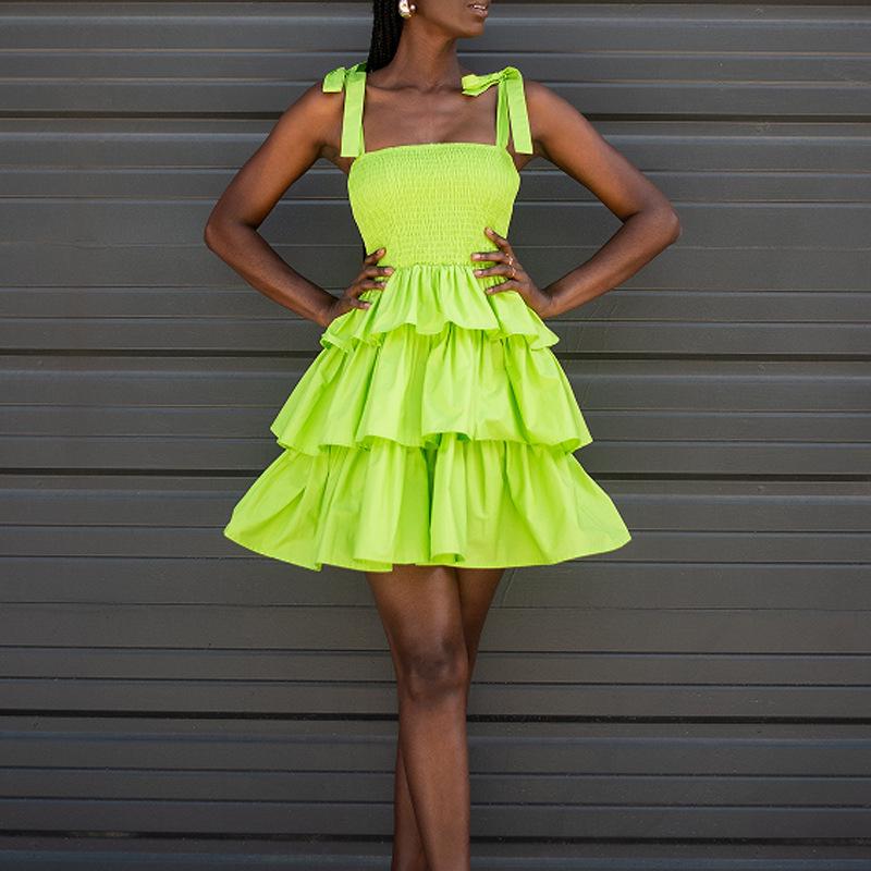 Spaghetti Strap High Waist Dress: Playful, Sweet, and Fashionable Solid Color Swing Skirt