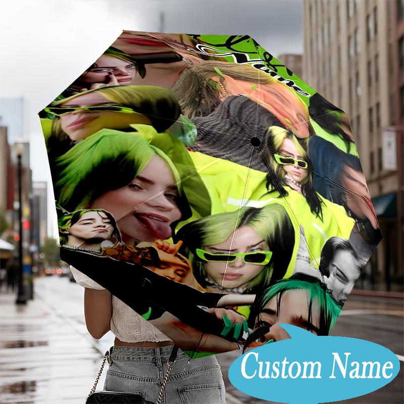 Custom Name Eilish Neon Vibes Umbrella Folding Umbrella, Automatic Umbrella - 8-Frame for Travel, Casual Lightweight Personalized Gifts