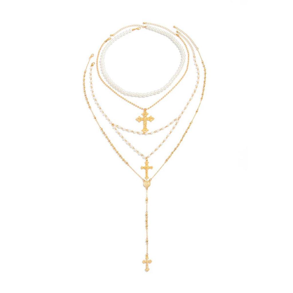 Lacteo 4 Pcs/Set Bohemia Imitation Pearl Choker Necklace Women Vintage Creative Gold Color Cross Pendant Necklace Charm Jewelry