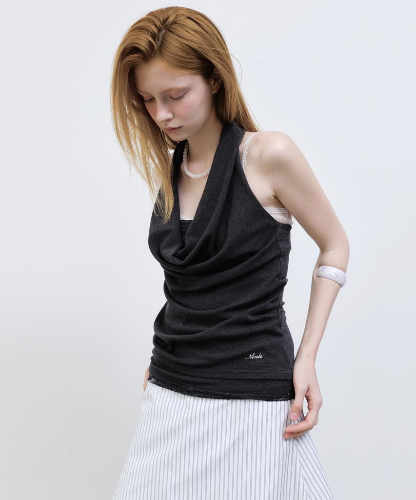 Nigaennikol Layerd Drape Halter Top_Black