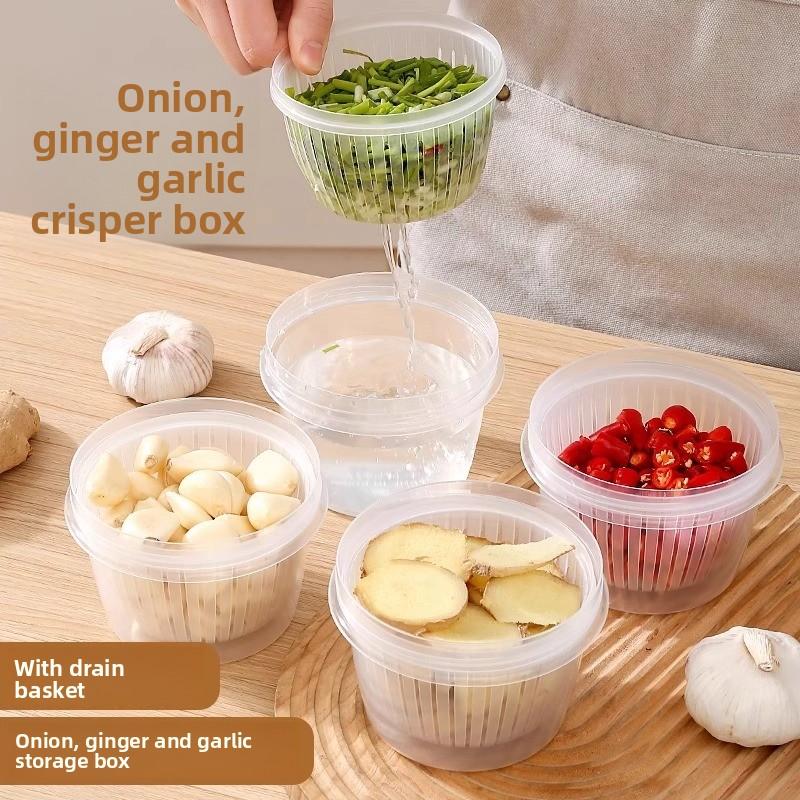 Refrigerator Small Ingredients Round Vegetable Preparation with Lid Drain Kitchen Onion, Ginger and Garlic Cooler