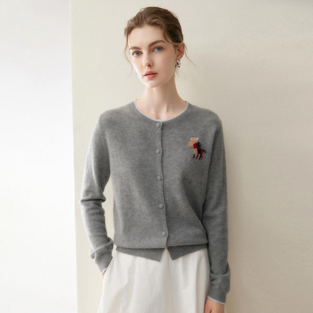 Lekasha Women's 100% Pure Cashmere Round Neck Cardigan with Embroidered Little Horse and Color Block Design