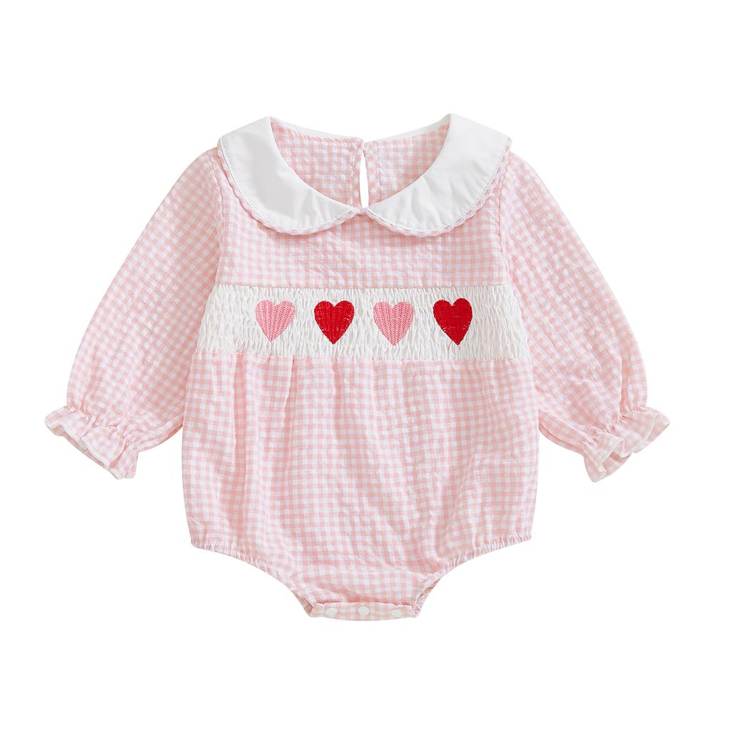 Baby Girl Plaid Romper Heart Embroidery Doll Collar Long Sleeve Bodysuit Spring Fall Clothes