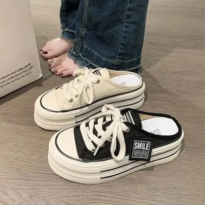 Μόδα Καλοκαίρι Νέα Παχιά Σόλα Ανυψωτικές Παντόφλες Τάση Όλοι οι Τεμπέληδες Ένα Slip-on Μισό Σαγιονάκι Μόδα Casual Παπούτσι Καμβάς Γυναίκες Μεγάλο Μέγεθος 40