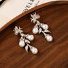 Glamorous Flower Branch Earrings with Cubic Zirconia Pearl Women's Stunning Long Dangle Party Jewelry