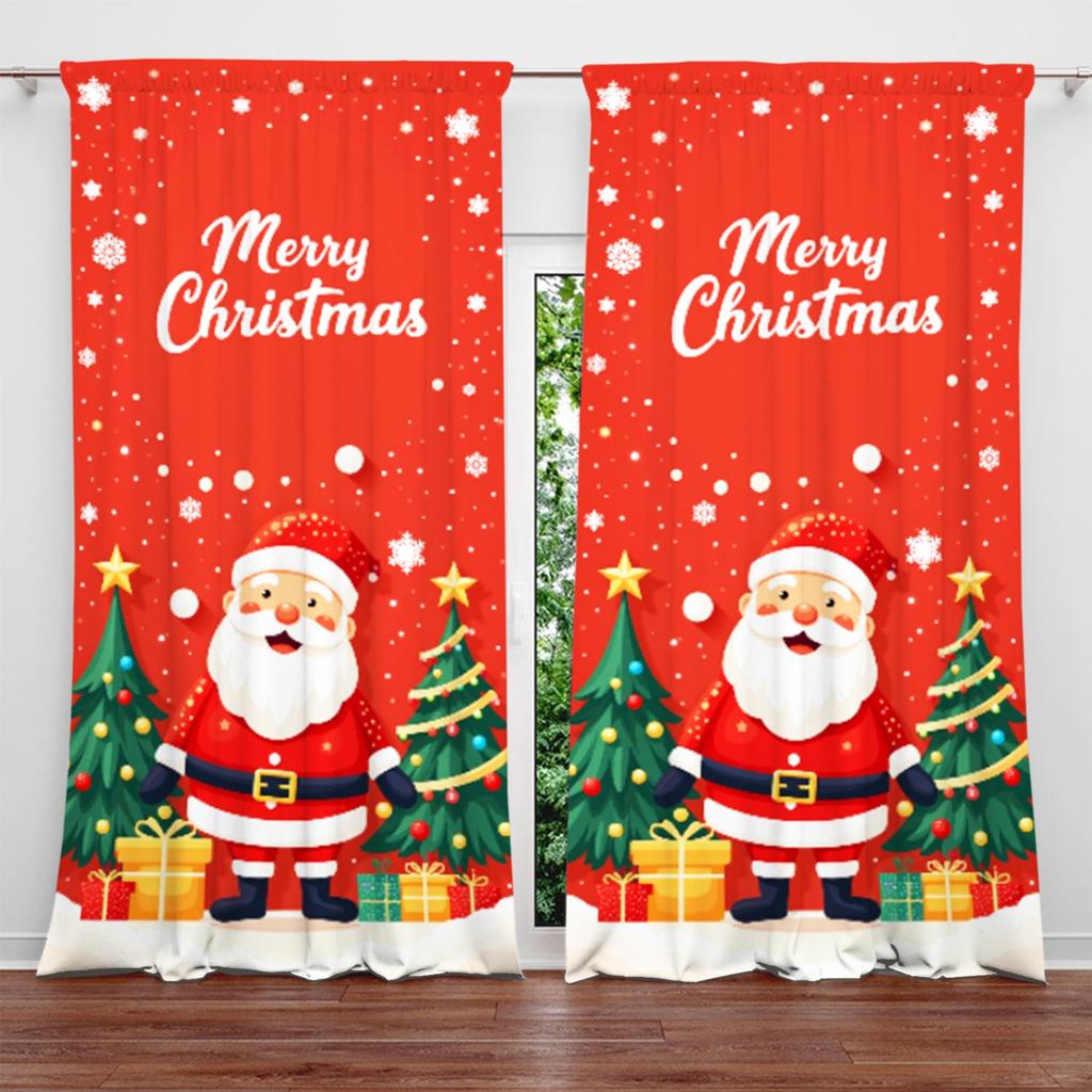 2pcs Santa Claus Illustration Printed Curtain for Christmas Home Decor -Rod Pocket Window Treatment for Bedroom   Office   Kitchen