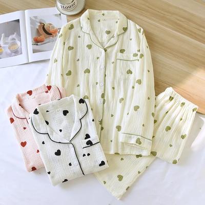 2026 Nuovo Set Pigiama da Donna Primavera e Autunno 100% Cotone Crêpe Manica Lunga Pantaloni Lunghi Set Due Pezzi Amore Dolce Casa Abbigliamento