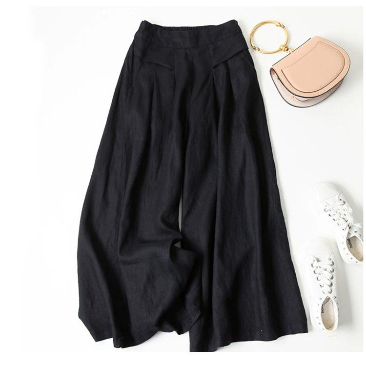 Women's Summer Cotton Linen Elastic Waist Wide-Leg Retro Pants