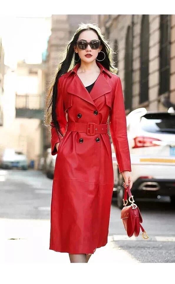 Women Original Leather Trench Stylish Casual Soft Fit Coat Red Handmade Lambskin Genuine